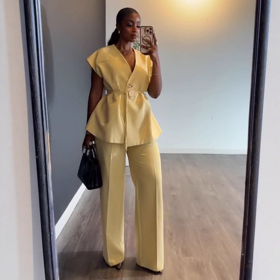 Haut sans manches a col en V pour femme et pantalon a jambes larges