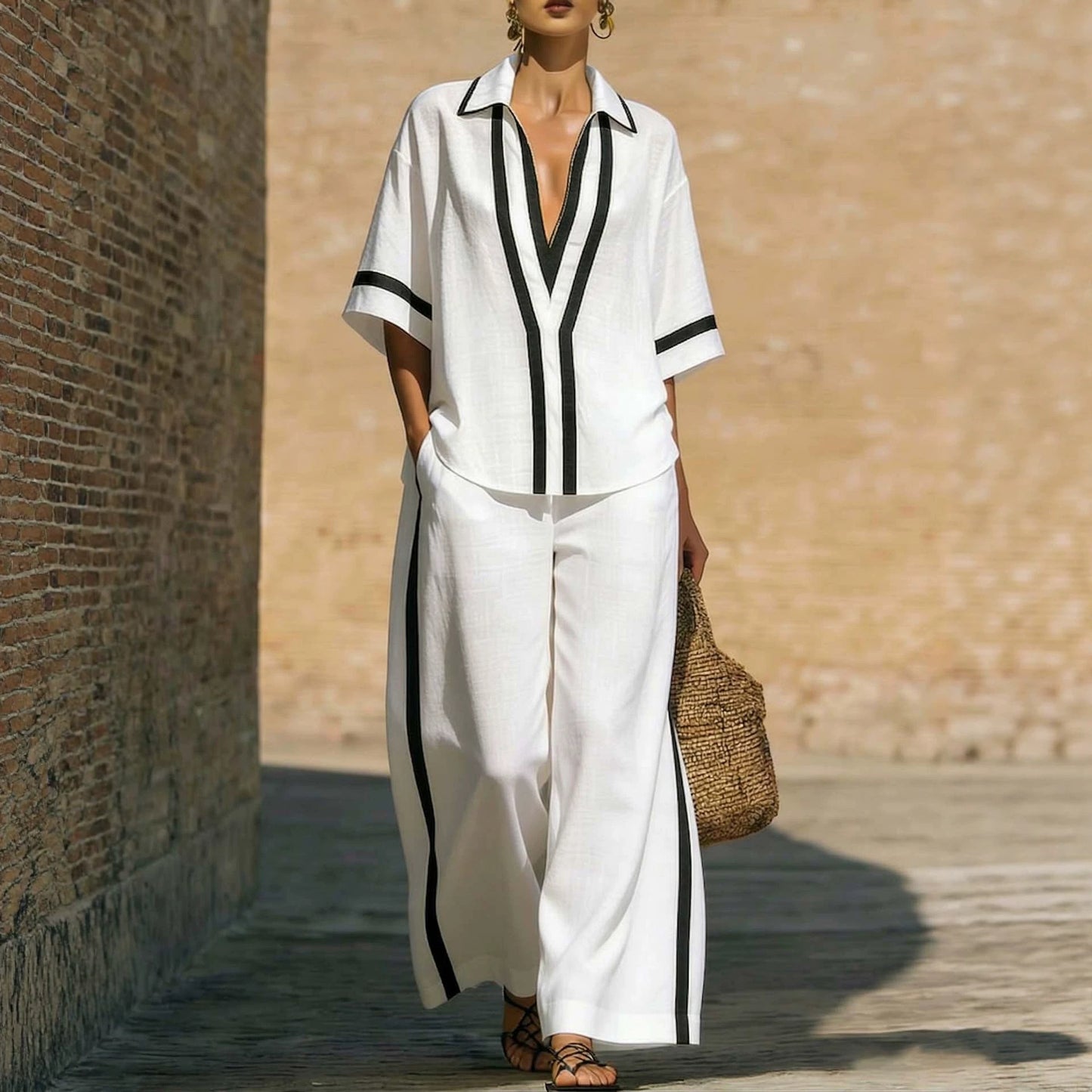 Ensemble chemise collage décontractée et pantalon à jambes larges