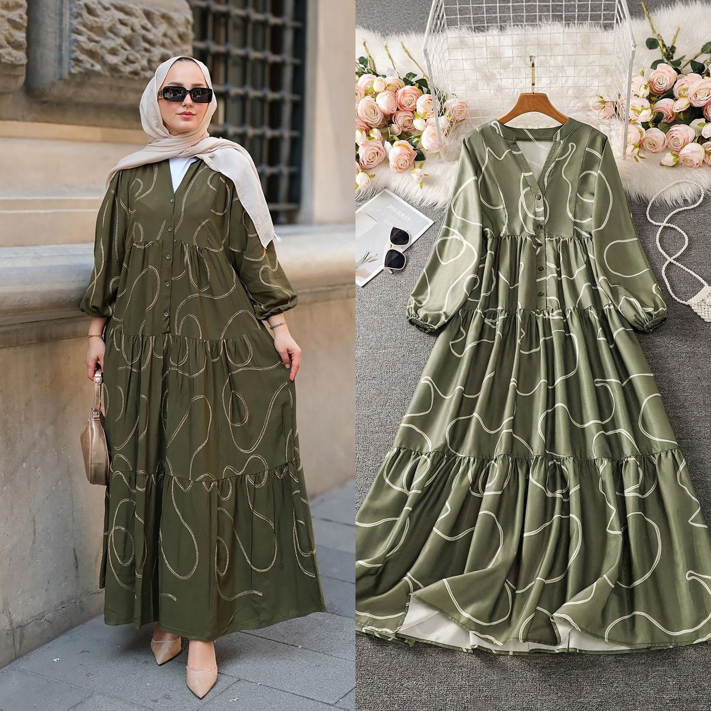 Robe longue ample patchwork imprimée à col en V
