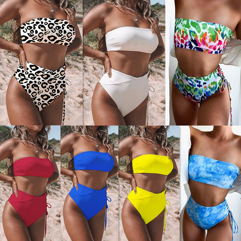 Maillot de bain bikini taille haute couleur unie