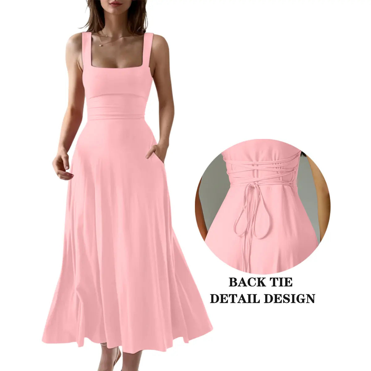 Robe longue élégante à bretelles épaisses et col carré