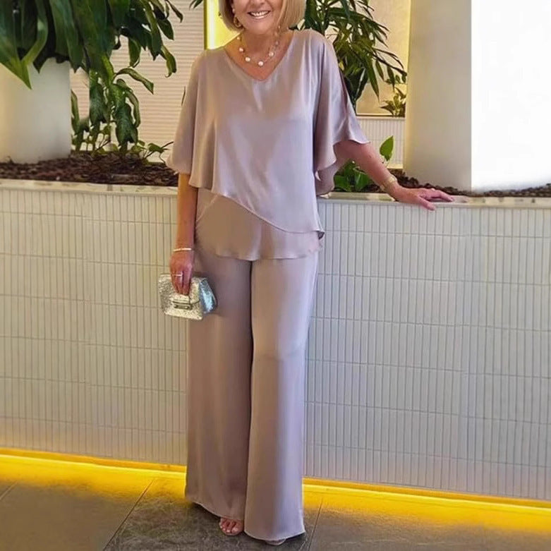 Ensemble décontracté grande taille à col en V, couleur unie, ourlet asymétrique