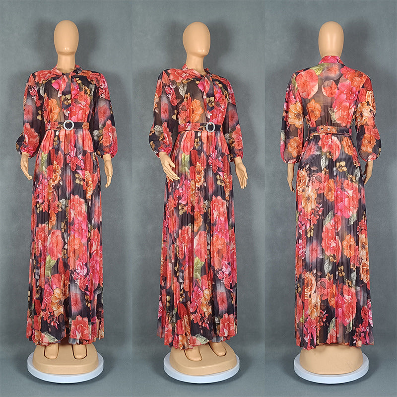 Habit :robe à col écharpe, manches bouffantes, imprimé à la taille, style affirmé