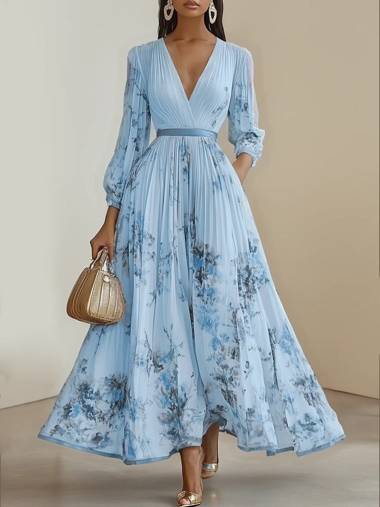 Robe longue à manches longues pour femmes avec col en V et plis
