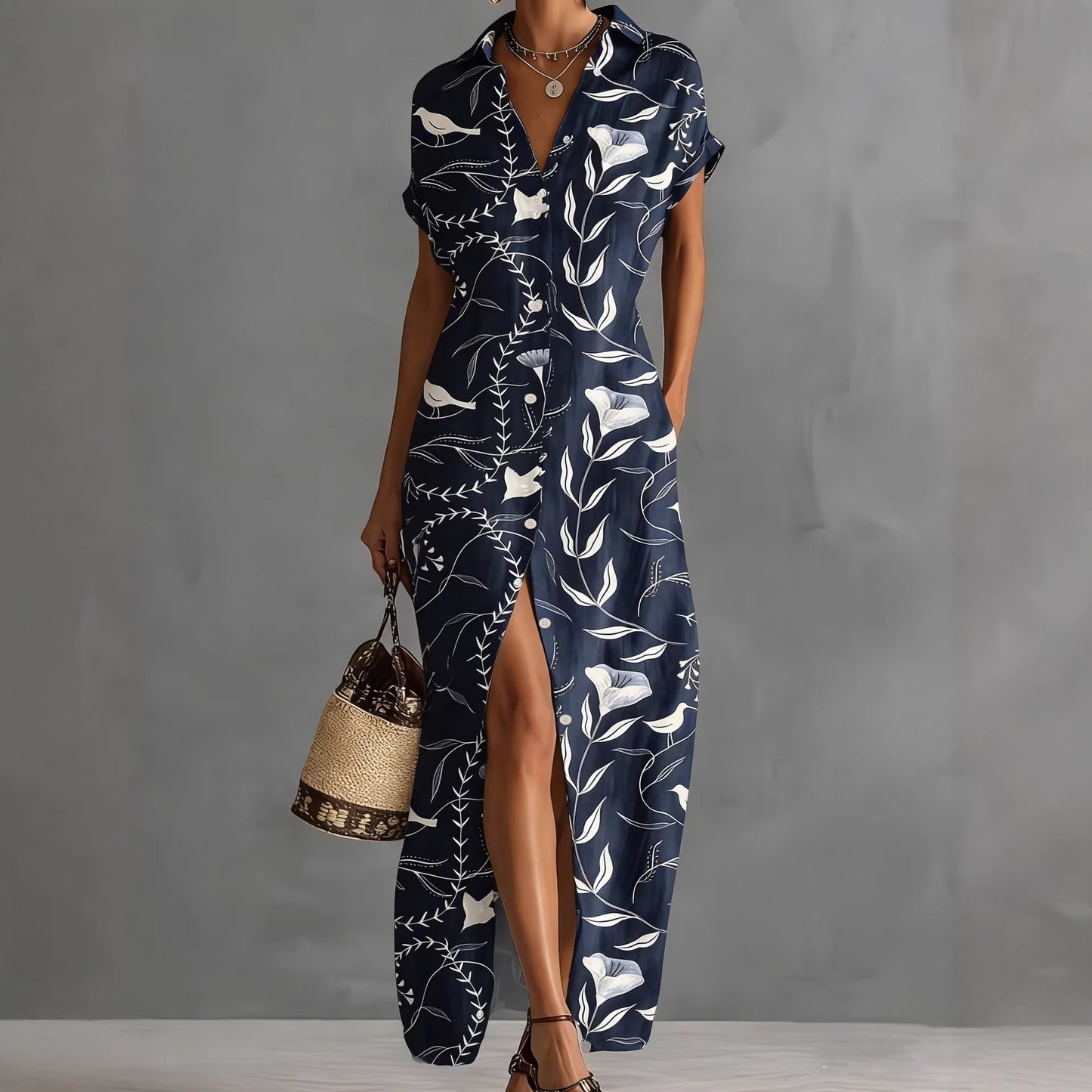 Robe chemise pour femmes à manches courtes avec col et imprimé géométrique