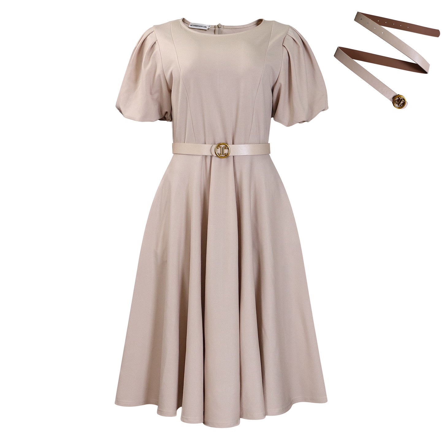 Robe élégante trapèze à manches bouffantes avec ceinture