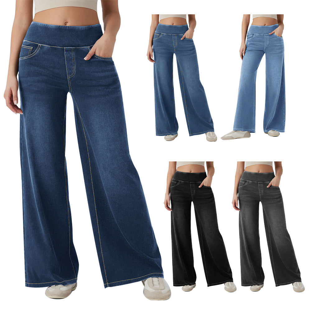 Pantalon en jean femme taille haute à jambes larges et élastique