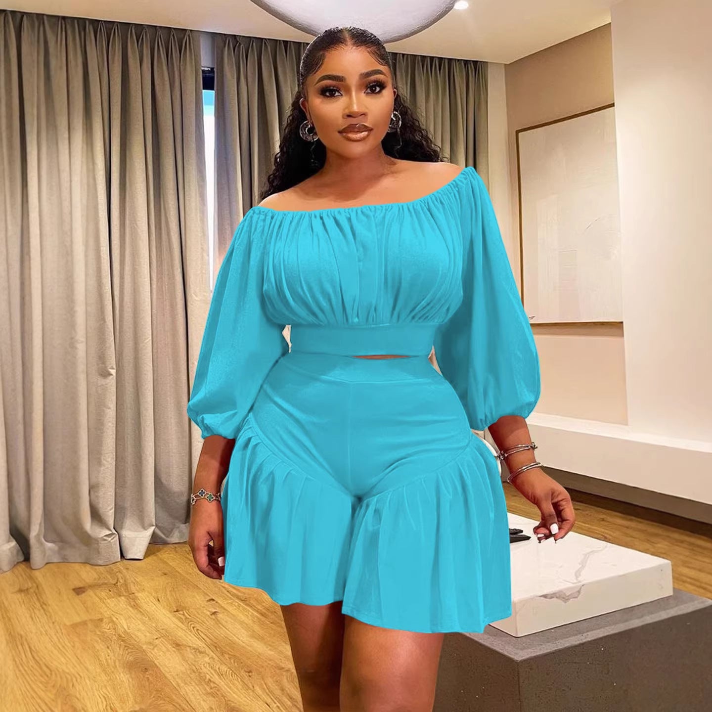 Ensemble pour femmes grande taille à épaules dénudées plissé