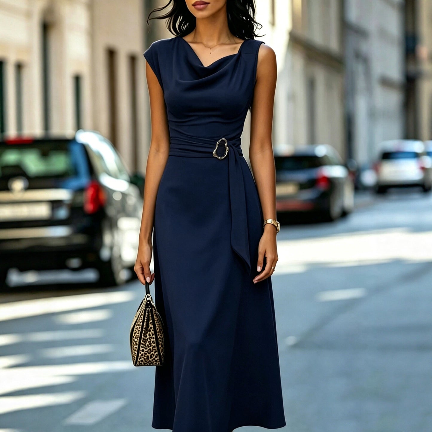 Robe A-ligne élégante à taille nouée asymétrique