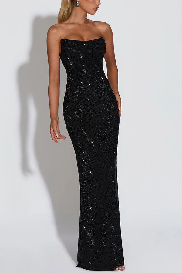 Robe de soirée élégante sans manches ornée de sequins