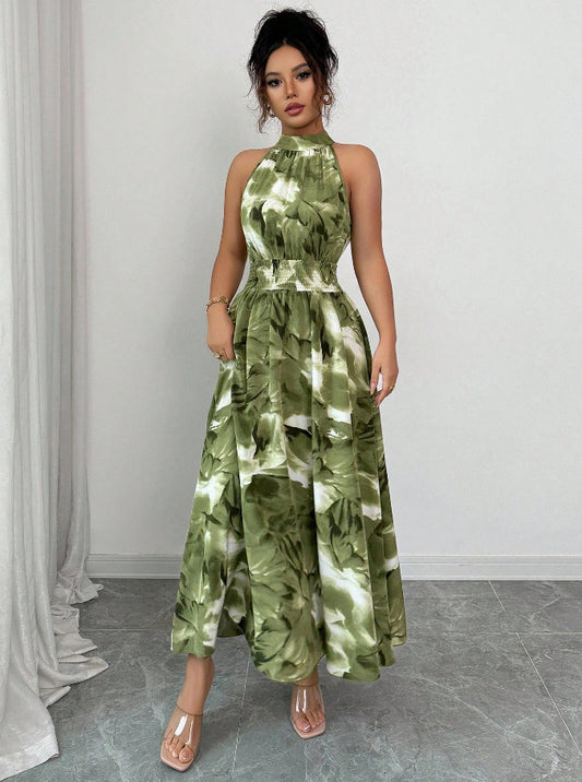 Robe trapèze à col montant et imprimé floral
