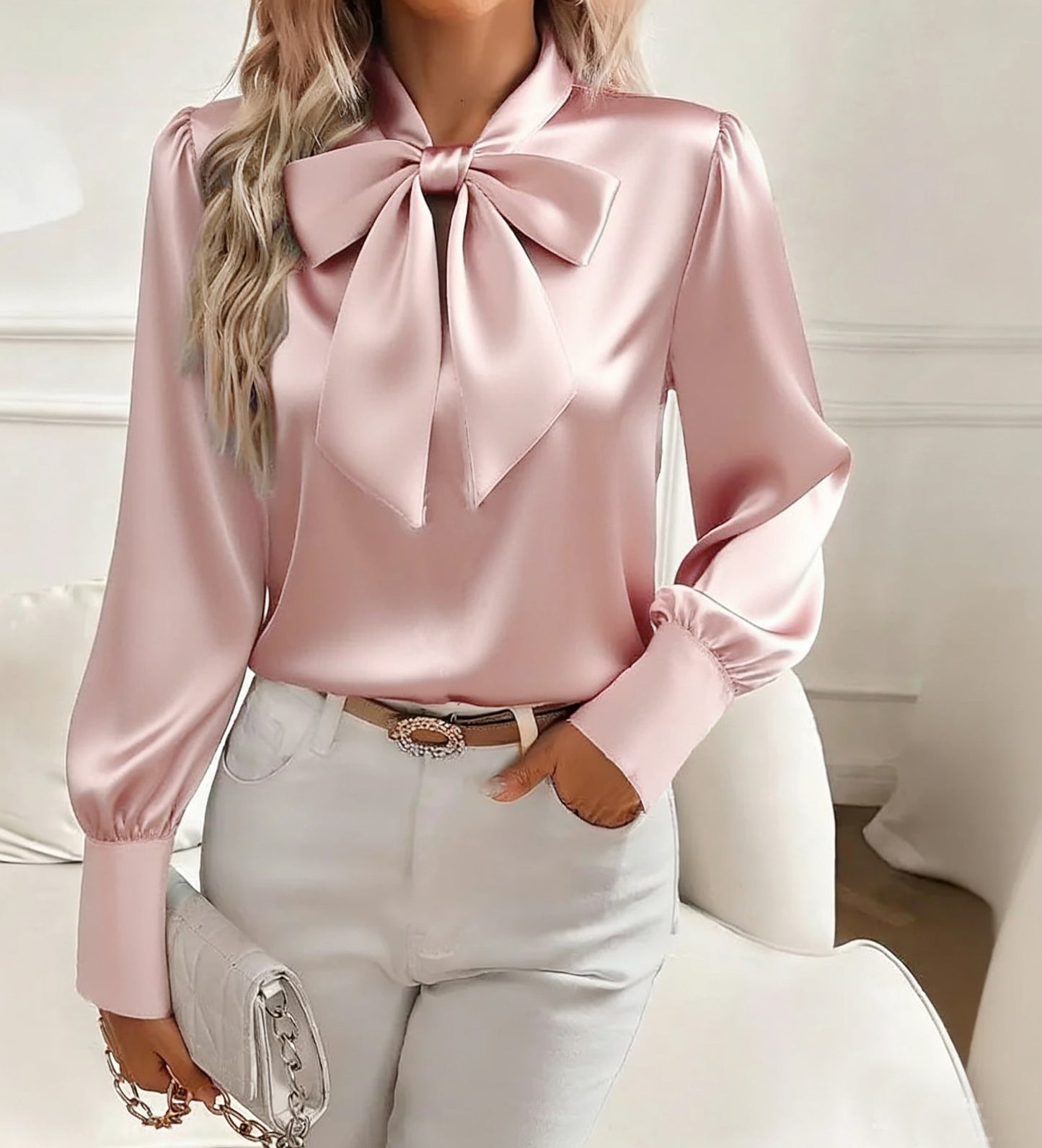 Blouse en satin avec nœud pour femmes