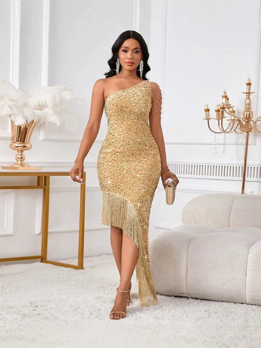 Habit :Robe de soirée asymétrique à sequins et pampilles de cristal pour femme