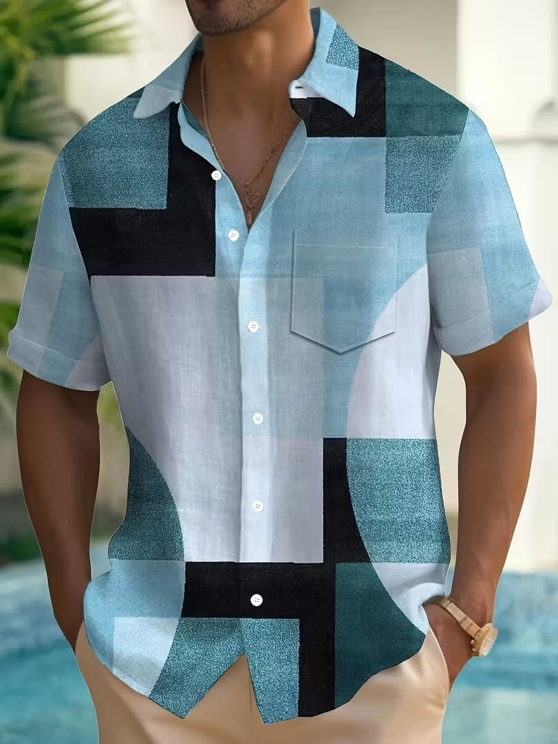Chemise d'été imprimée européenne et américaine à manches courtes pour homme, coupe ample, grande taille, col à revers.