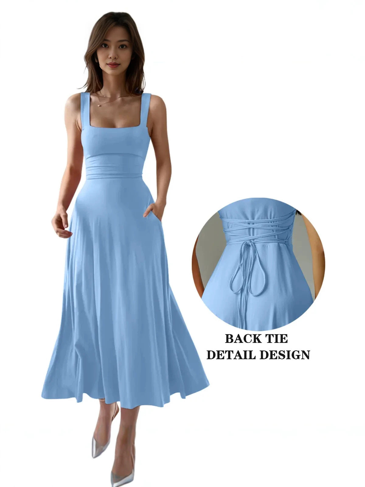 Robe longue élégante à bretelles épaisses et col carré