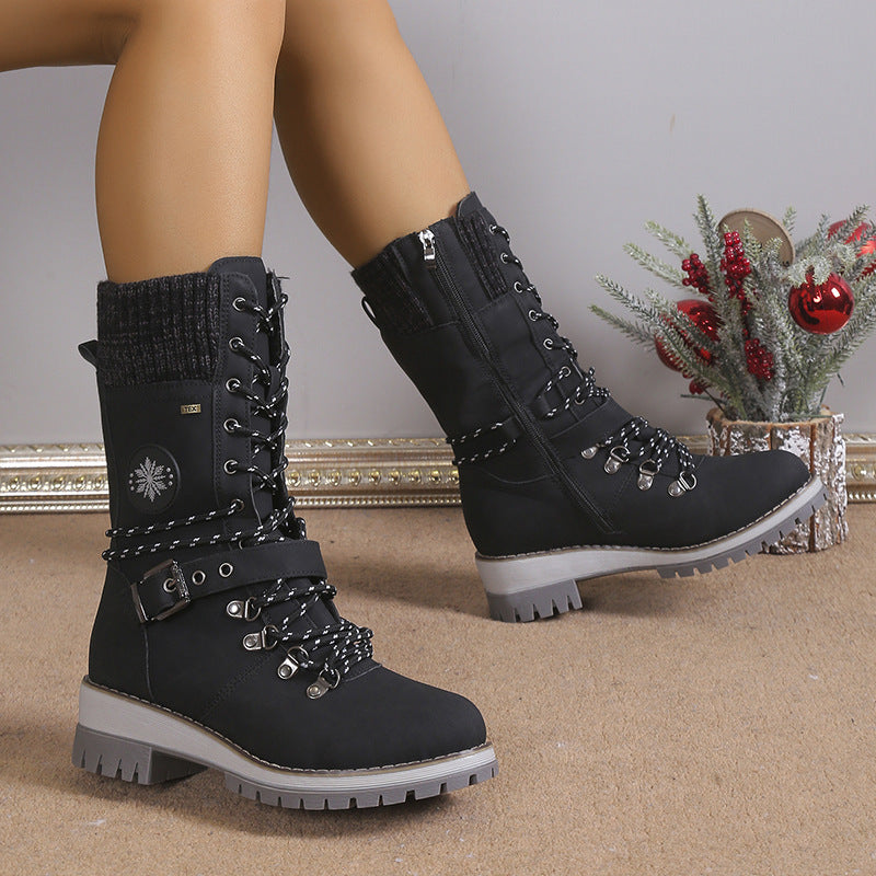 Bottes d'hiver pour femmes doublées de fourrure, chaudes, montantes, à lacets