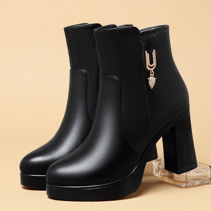 Bottes d'hiver à talons épais pour femmes avec doublure en peluche