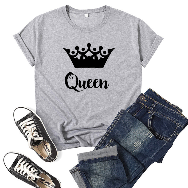 T-shirt en coton imprimé Roi Reine Couronne