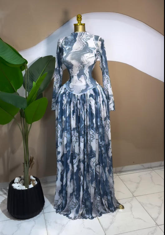 Robe longue plissée en maille imprimée pour femmes