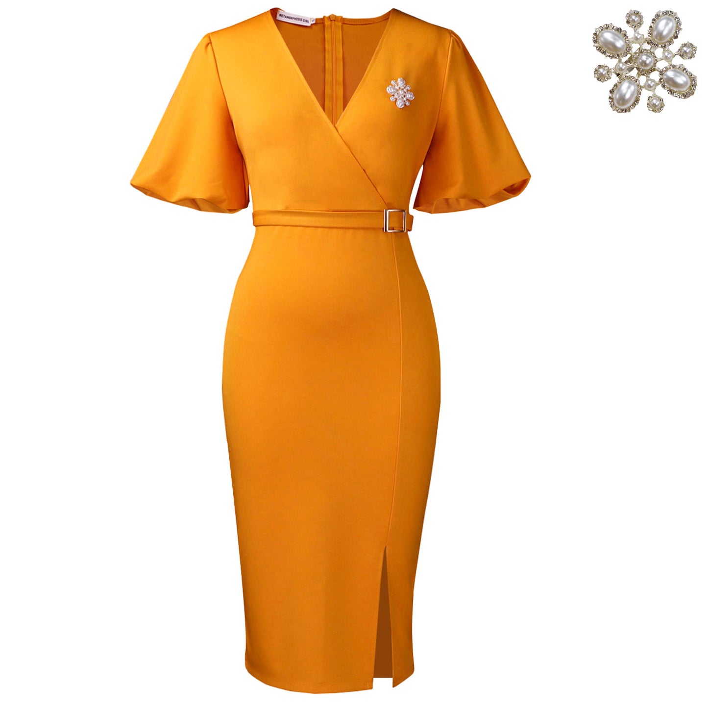 Robe à manches lanternes et col en V pour femme