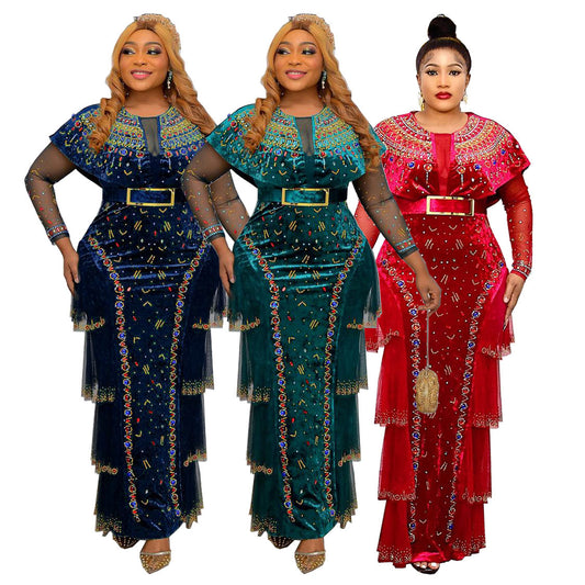 Habit :Robe longue à manches longues et col rond ornée de perles et de clous décoratifs, style africain, vêtements pour femmes