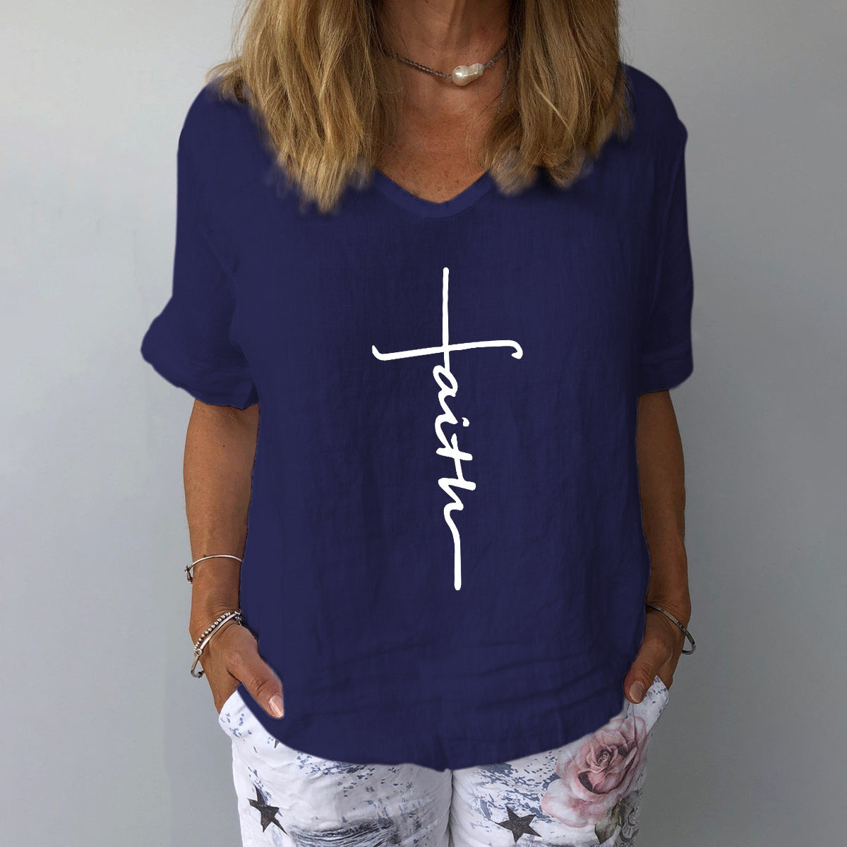 Chemise courte à manches en coton et lin imprimé