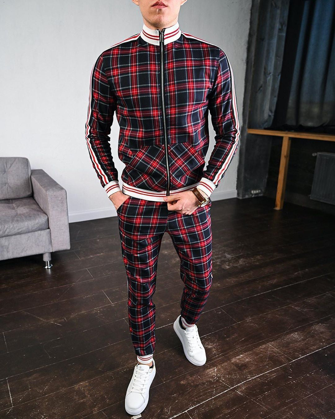 Ensemble veste et pantalon à carreaux pour homme, style sport décontracté
