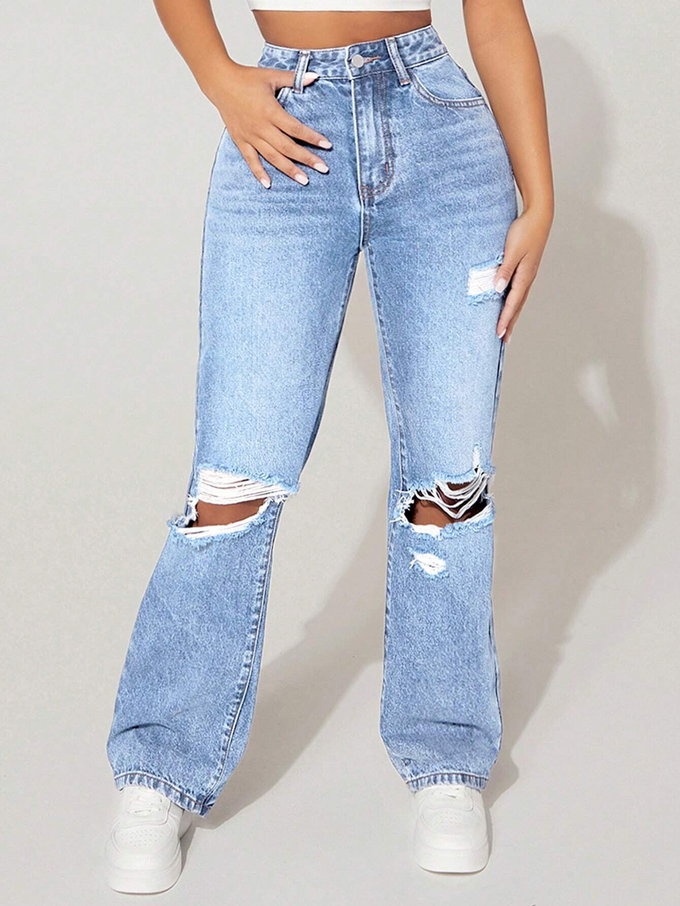 Pantalon en jean droit taille haute pour femmes