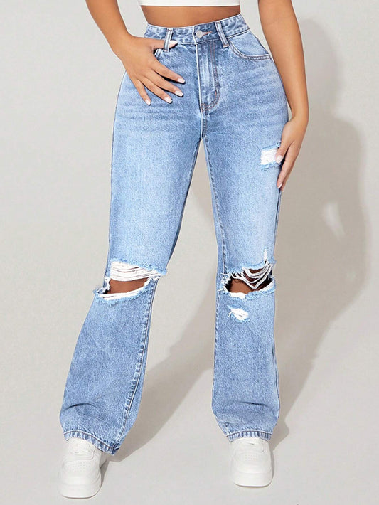 Pantalon en jean droit taille haute pour femmes