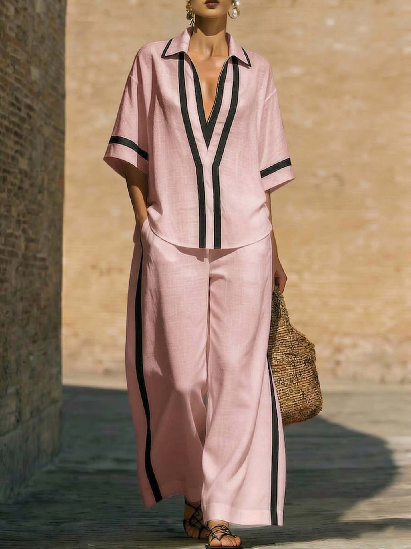 Ensemble chemise collage décontractée et pantalon à jambes larges