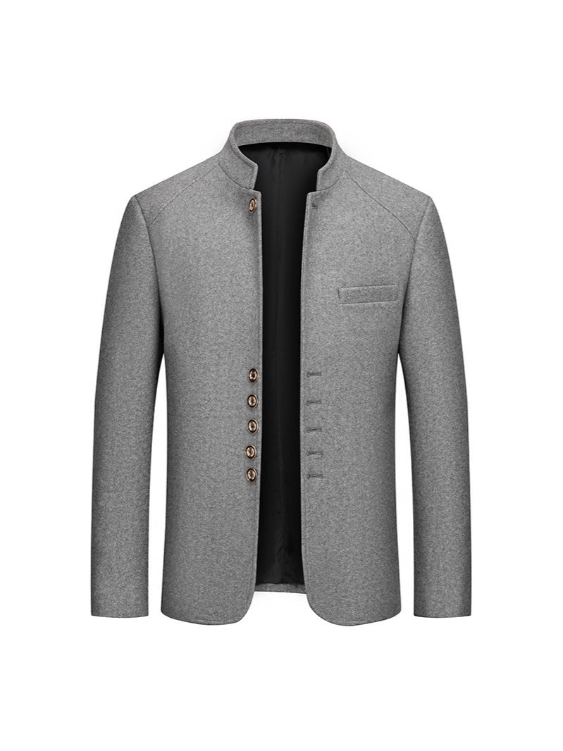 Manteau en laine pour hommes automne et hiver, décontracté, coupe slim, col droit style Zhongshan, manteau en laine uni pour hommes