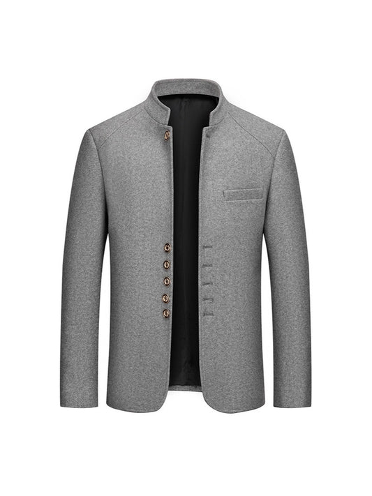Manteau en laine pour hommes automne et hiver, décontracté, coupe slim, col droit style Zhongshan, manteau en laine uni pour hommes