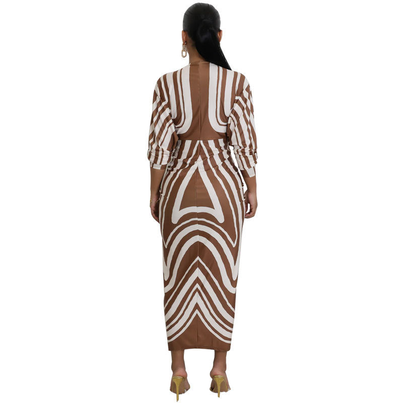 Robe imprimée à manches longues et décolleté en V profond pour femme