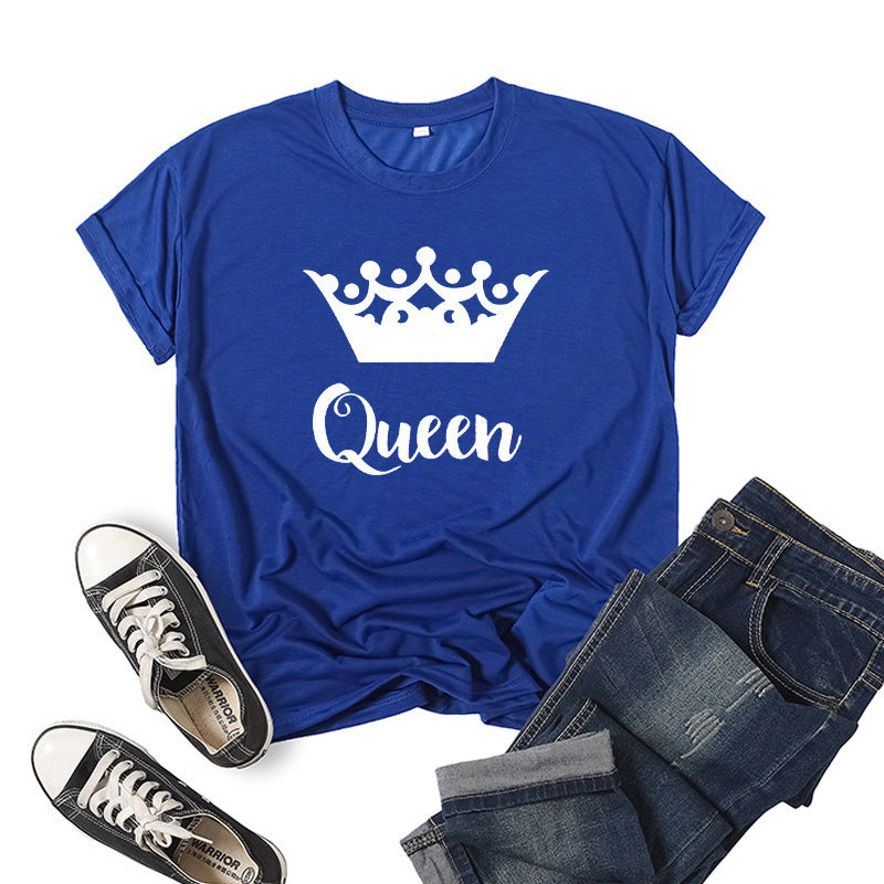 T-shirt en coton imprimé Roi Reine Couronne