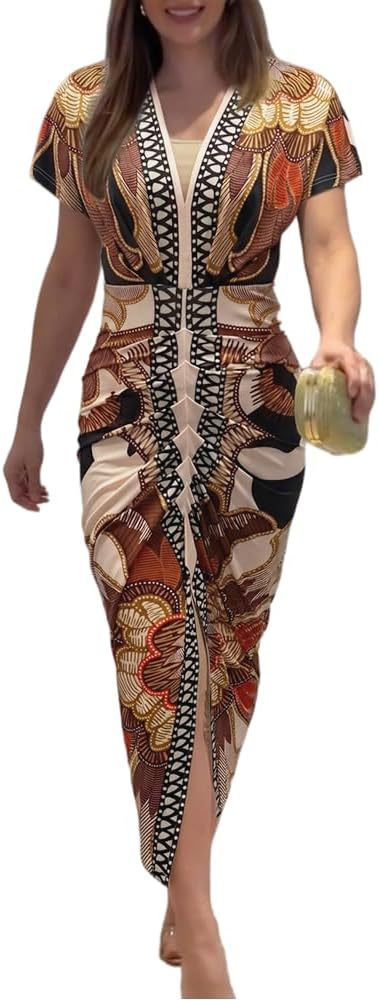 Robe imprimee a col en V et fente pour femme