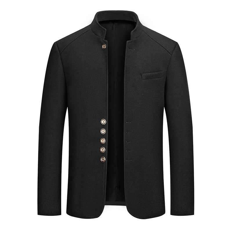 Manteau en laine pour hommes automne et hiver, décontracté, coupe slim, col droit style Zhongshan, manteau en laine uni pour hommes