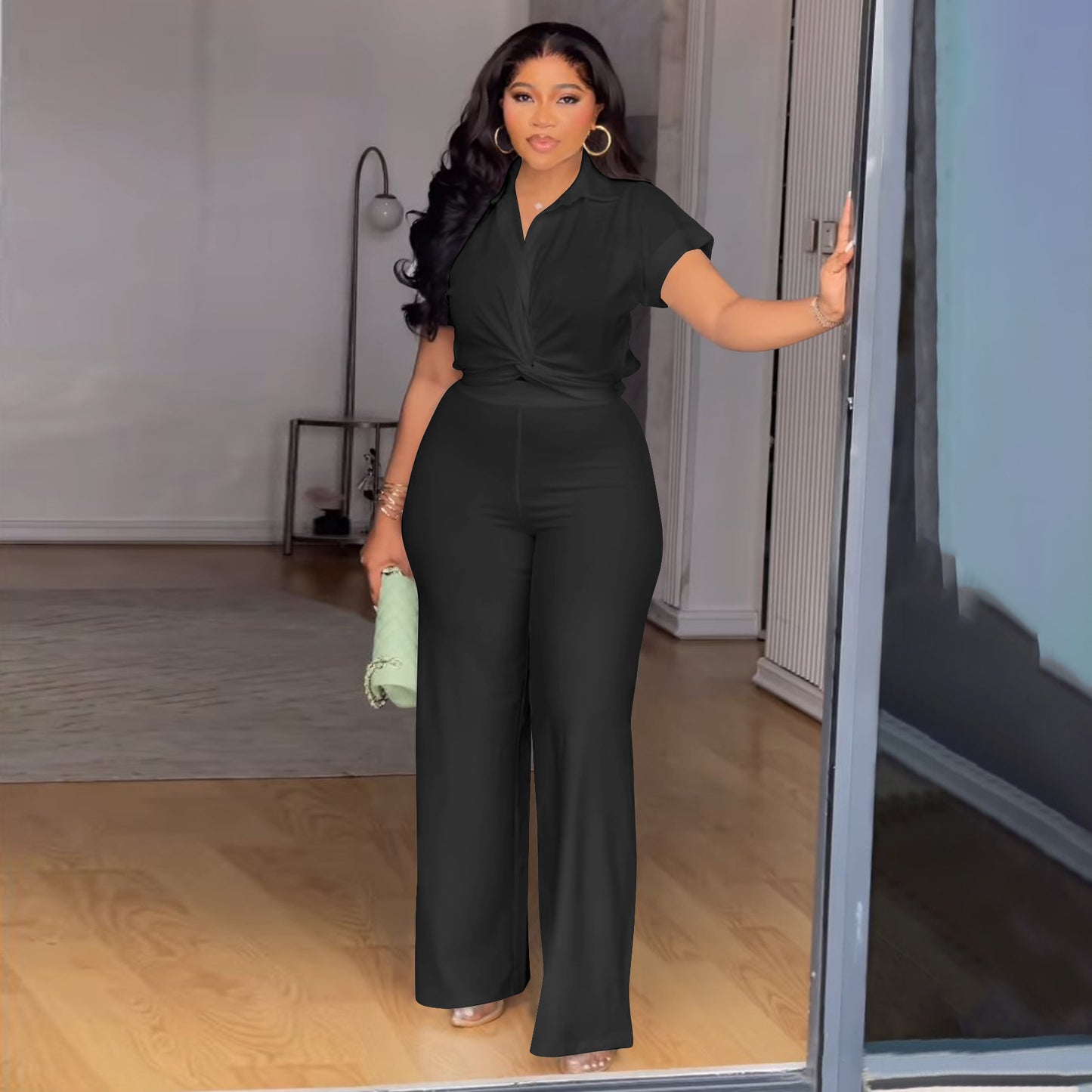Habit :Ensemble chemise à manches courtes et pantalon taille haute uni pour femme