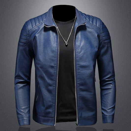 Veste en cuir PU pour homme, coupe slim, col montant, manteau zippé