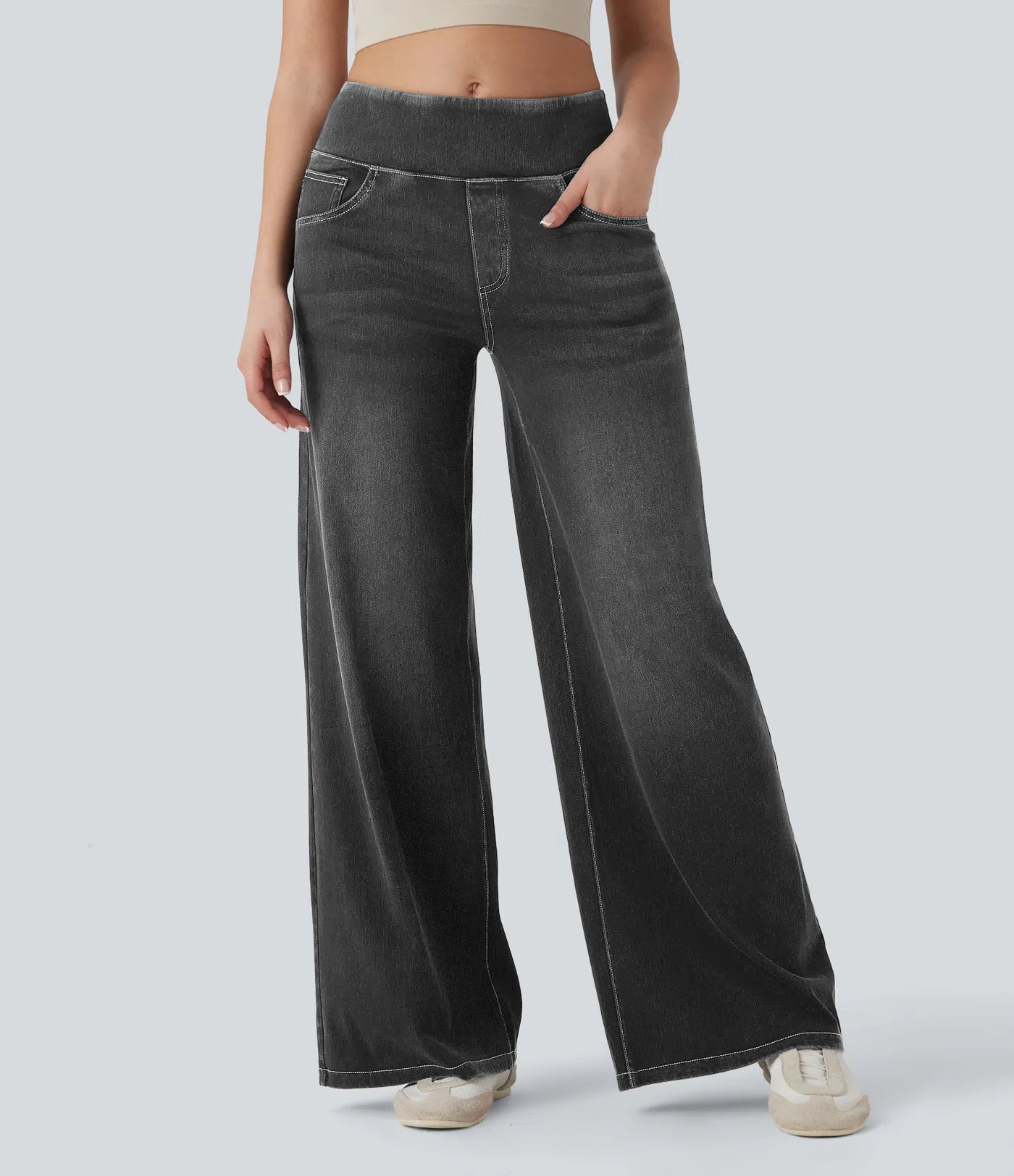 Pantalon en jean femme taille haute à jambes larges et élastique