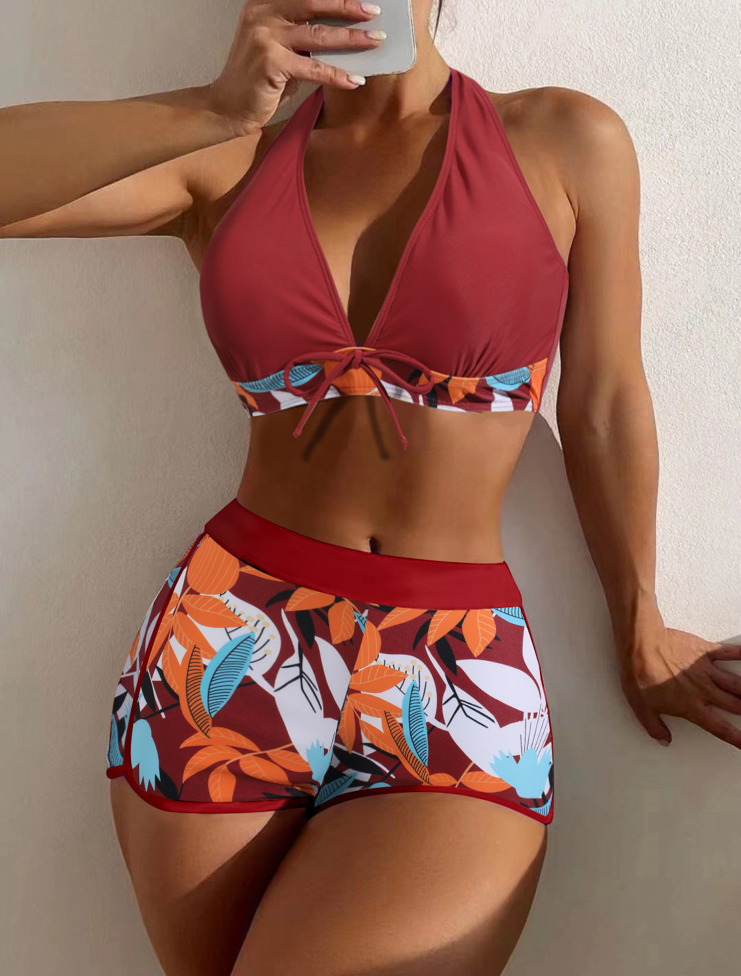Maillot de bain à encolure américaine et taille haute à la mode