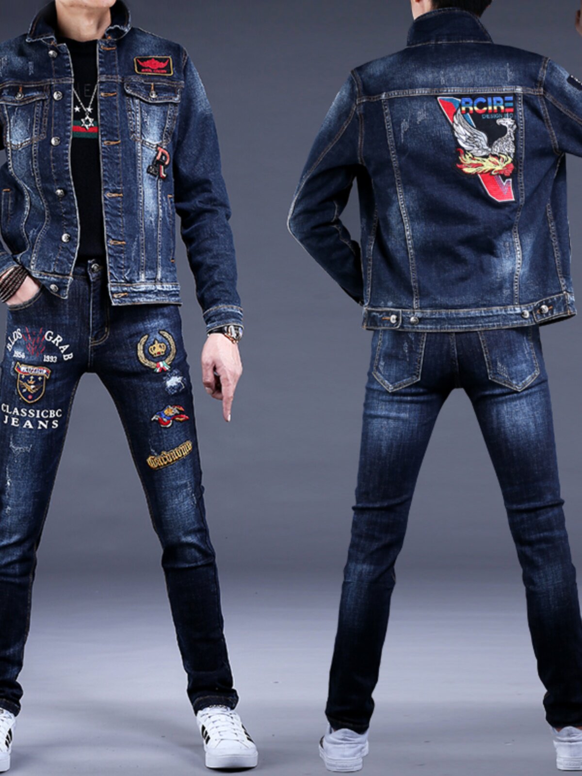 Veste et pantalon en jean brodés pour hommes