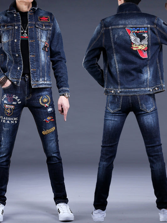 Veste et pantalon en jean brodés pour hommes