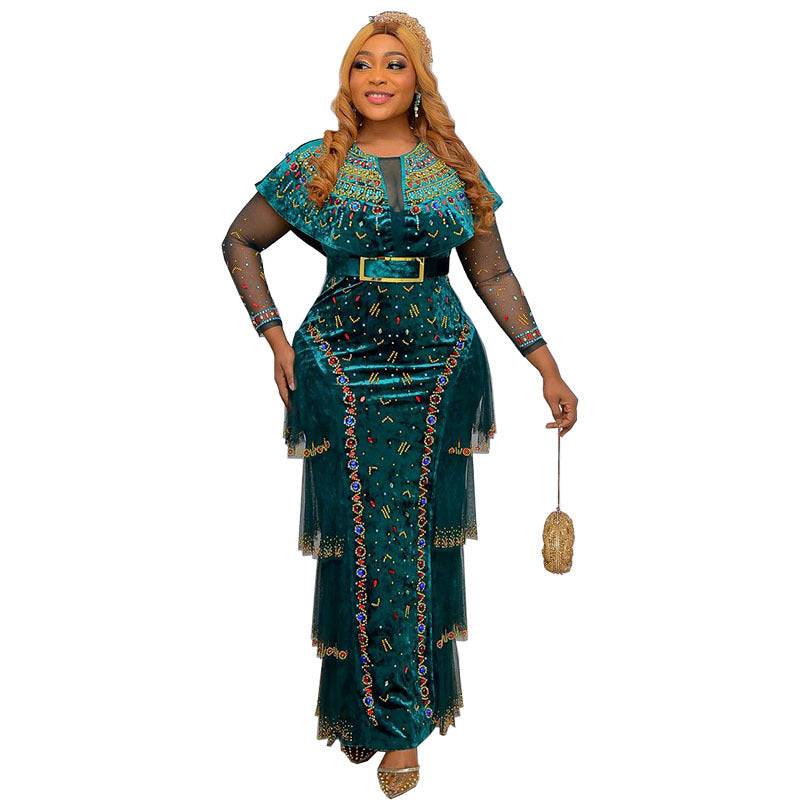 Habit :Robe longue à manches longues et col rond ornée de perles et de clous décoratifs, style africain, vêtements pour femmes