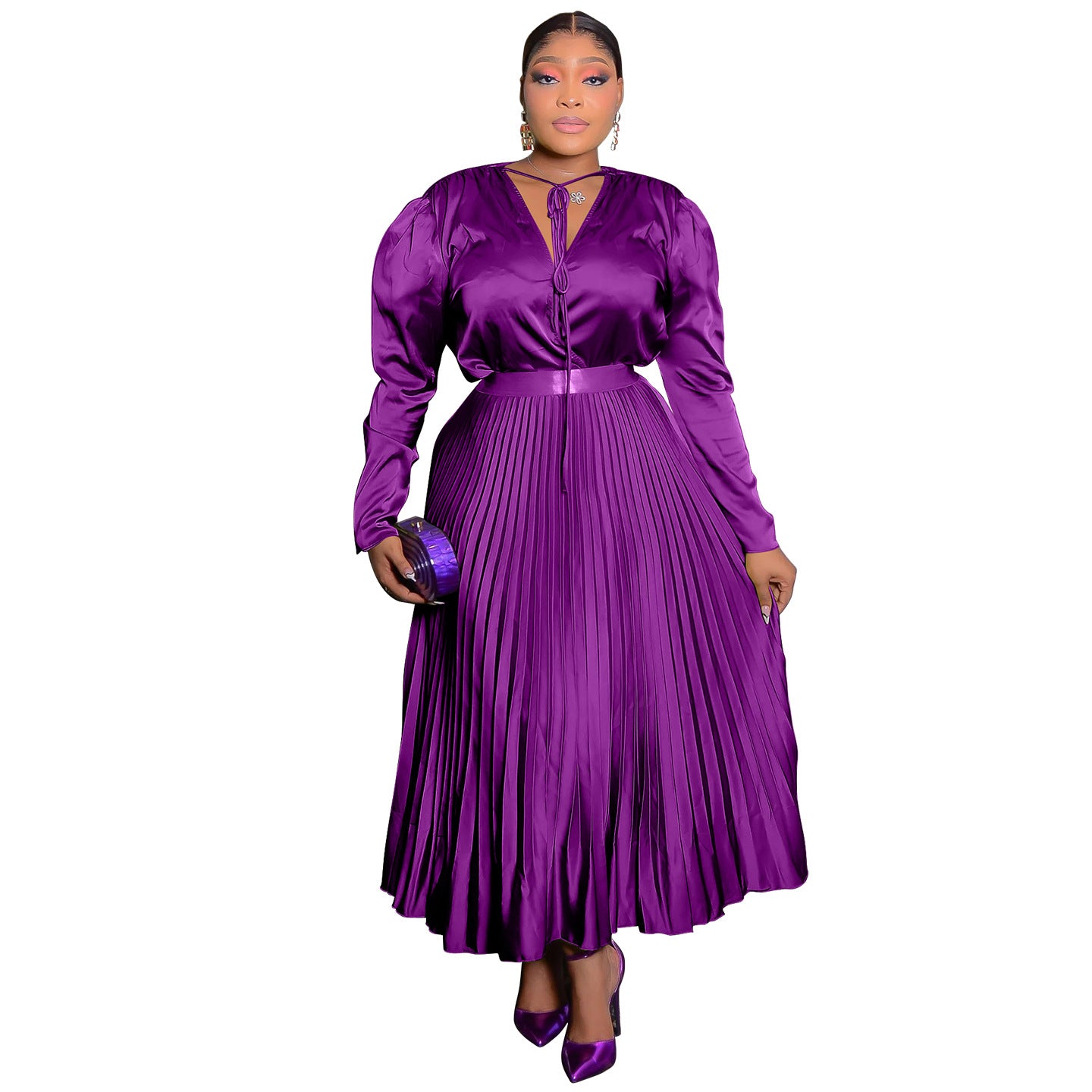 Habit :Ensemble jupe plissée à manches longues pour femme grande taille avec détails lacés