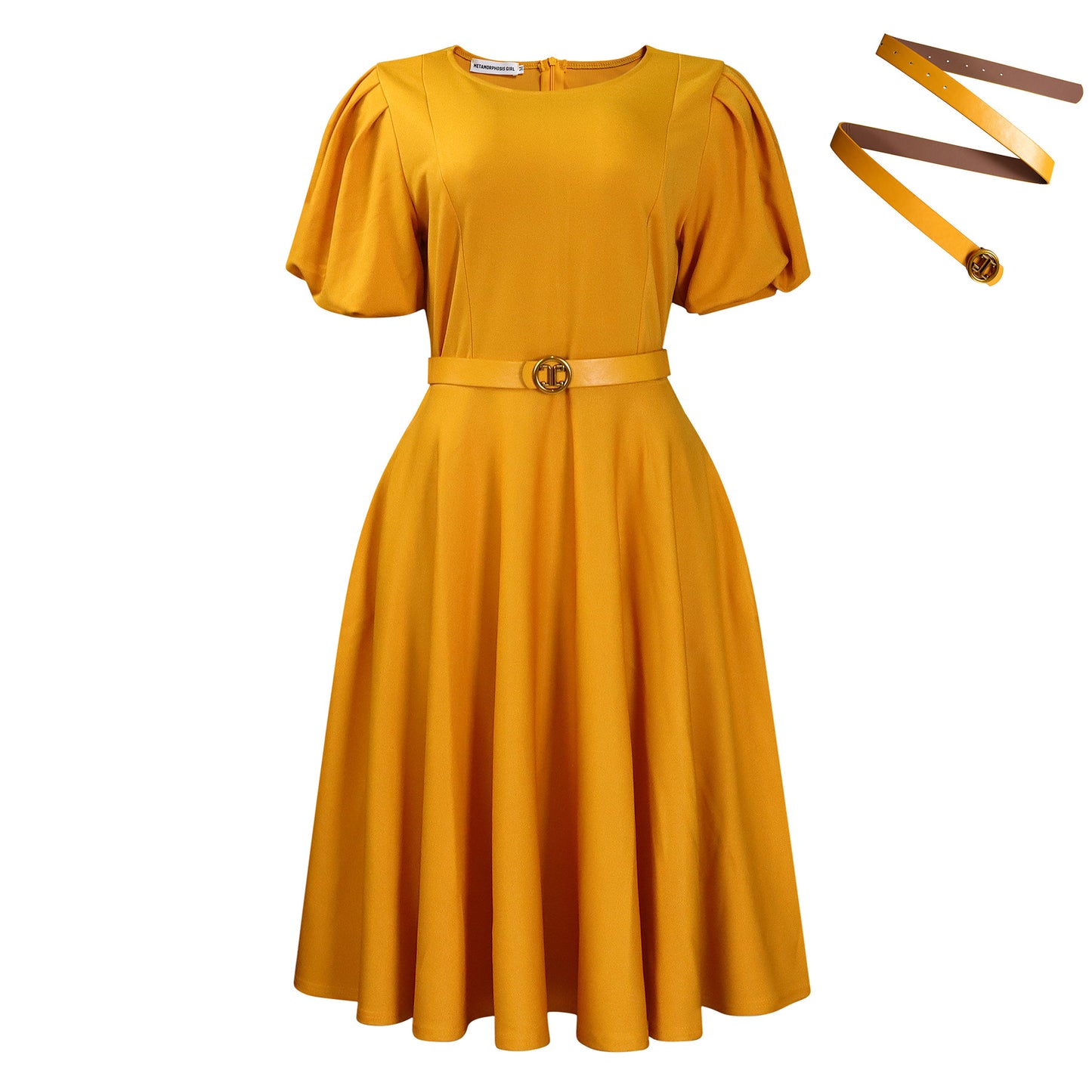 Robe élégante trapèze à manches bouffantes avec ceinture