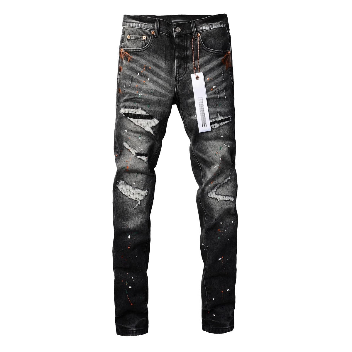 Jean en denim déchiré à patchwork coupe slim pour hommes