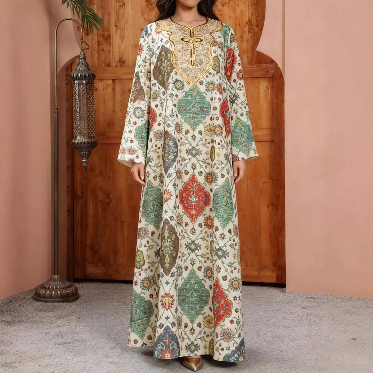 Robe a manches longues brodee a imprime geometrique retro