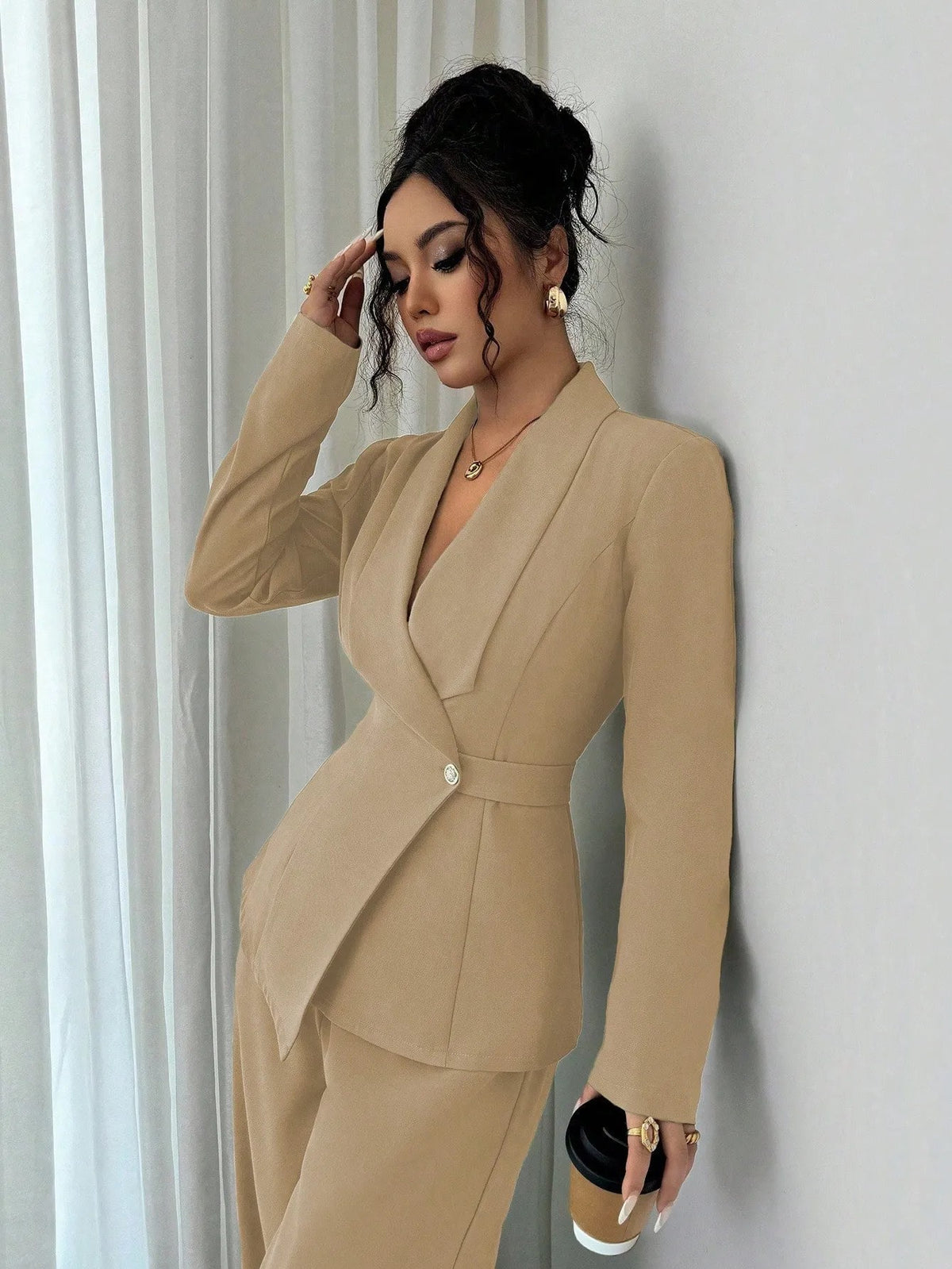Ensemble deux pièces pour femme : veste longue à col en V et pantalon à jambes larges