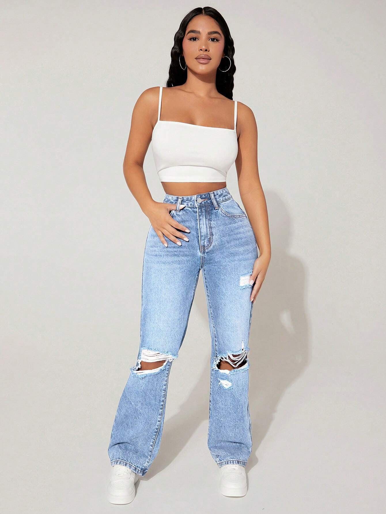 Pantalon en jean droit taille haute pour femmes