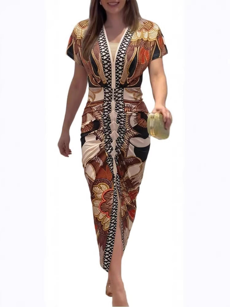 Robe imprimee a col en V et fente pour femme